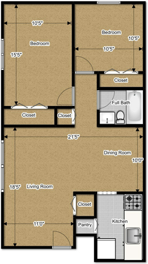 2 Bedroom 1 Bath 846 Sq. Ft Terrace  floor plan at Ryan Place Apartments, Integrity Realty, Kent
